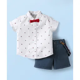 ToffyHouse Poplin Woven Half Sleeves Shirt & Shorts Set with Bow Suspender & Helmet Print- Navy Blue & White-picture-16