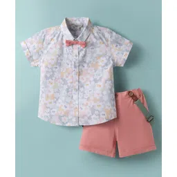 ToffyHouse Poplin Woven Half Sleeves Shirt & Shorts with Suspender & Bow with Floral Print - Pink & White-picture-19