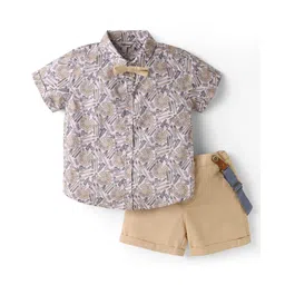 ToffyHouse Poplin Woven Half Sleeves Stationary Printed Shirt & Shorts Set with Bow & Suspender - Beige-picture-17