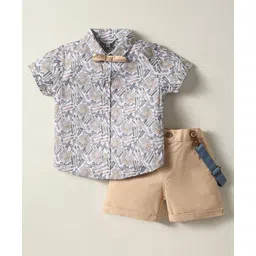 ToffyHouse Poplin Woven Half Sleeves Stationary Printed Shirt & Shorts Set with Bow & Suspender - White & Beige-picture-18