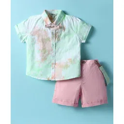 ToffyHouse Poplin Woven Half Sleeves Tie & Dye Printed Shirt & Shorts With Bow & Suspender - Light Green & Peach-picture-26