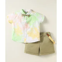 ToffyHouse Poplin Woven Half Sleeves Tie & Dye Shirt & Shorts Set with Bow & Suspender - White & Olive Green-picture-23