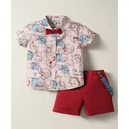 ToffyHouse Poplin Woven Half Sleeves Unicorn Printed Shirt & Shorts Set with Bow & Suspender - Brown & Blue-picture-19