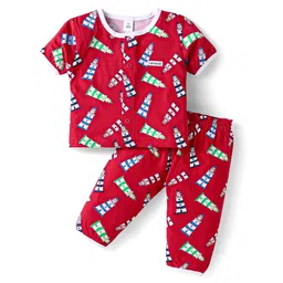 ToffyHouse Single Jersey Knit Half Sleeves Co-ords Night Suit with Light House Print - Red-picture-33