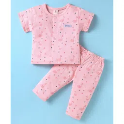 ToffyHouse Single Jersey Knit Half Sleeves Night Suit With Bird & Star Print - Pink-picture-32