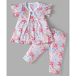 ToffyHouse Single Jersey Knit Half Sleeves Night Suit with Floral Print - White & Pink-picture-27