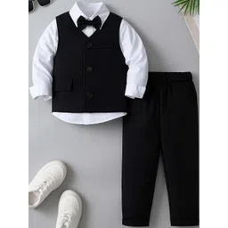TOGEPI Boys Black & White Shirt Collar Cotton Shirt With Trouser & Waistcoat With Bow-picture-31