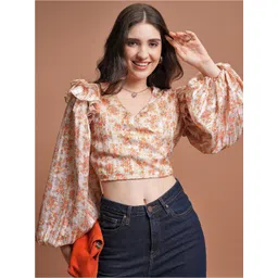 Tokyo Talkies Beige & Green Floral Printed Fitted Crop Top-picture-20