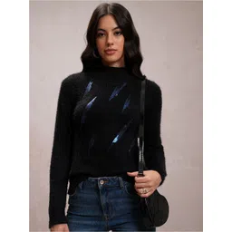 Tokyo Talkies Black Embellished High Neck Acrylic Pullover-picture-32