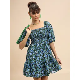 Tokyo Talkies Black Floral Printed Puff Sleeves Fit & Flare Dress-picture-17