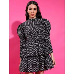 Tokyo Talkies Black Floral Printed Puff Sleeves High Neck Tiered Fit & Flare Dress-picture-32