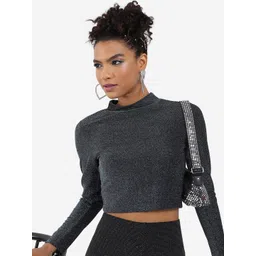 Tokyo Talkies Black Self Design High Neck Crop Top-picture-36