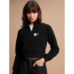 Tokyo Talkies Black Self Design Mock Collar Crop Sweatshirt-picture-13