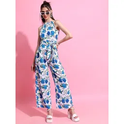 Tokyo Talkies Blue & White Floral Printed Halter Neck Waist Tie Ups Basic Jumpsuit-picture-36