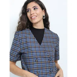 Tokyo Talkies Blue Checked Crop Double-Breasted Blazers-picture-34