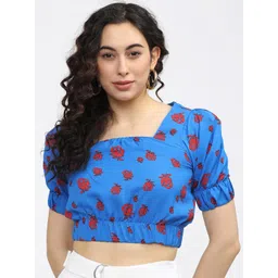 Tokyo Talkies Blue Floral Print Blouson Crop Top-picture-10