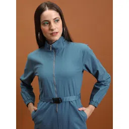 Tokyo Talkies Blue Mock Collar Cotton Basic Jumpsuit With Belt-picture-26