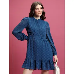 Tokyo Talkies Blue Self Design Cuffed Sleeves Fit & Flare Mini Dress-picture-21