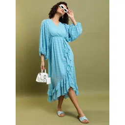 Tokyo Talkies Blue Self Design Puff Sleeves Fit & Flare Midi Dress-picture-20