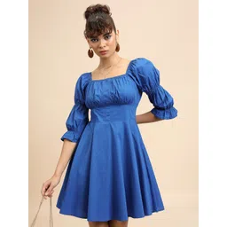 Tokyo Talkies Blue Square Neck Puff Sleeves Gathered Detailed Cotton Fit & Flare Dress-picture-29