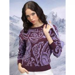 Tokyo Talkies Burgundy Ethnic Motifs Printed Acrylic Pullover-picture-16