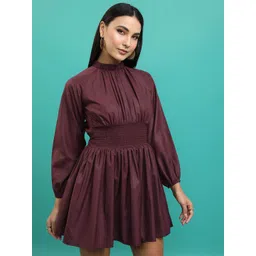 Tokyo Talkies Burgundy High Neck Puff Sleeves Gathered Detailed Fit & Flare Mini Dress-picture-28