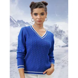 Tokyo Talkies Cable Knit Self Design V-Neck Acrylic Pullover-picture-13