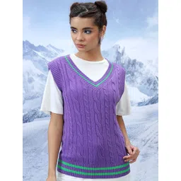 Tokyo Talkies Cable Knit Self Design V-Neck Acrylic Sweater Vest-picture-31