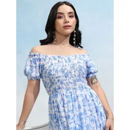 Tokyo Talkies Floral Printed Off-Shoulder Puff Sleeve Fit & Flare Dress-picture-35