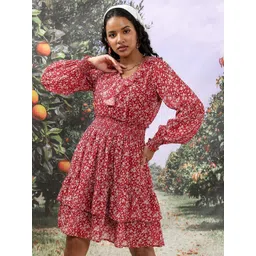 Tokyo Talkies Floral Printed Puff Sleeve Layered Fit & Flare Dress-picture-19