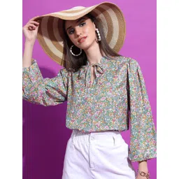 Tokyo Talkies Floral Printed Tie-Up Neck Puff Sleeves Top-picture-11