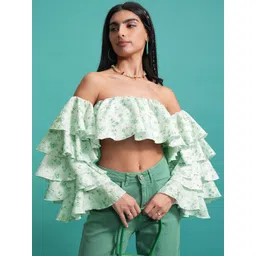 Tokyo Talkies Green Floral Printed Off-Shoulder Bell Sleeves Ruffled Bardot Crop Top-picture-44