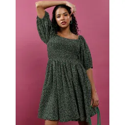 Tokyo Talkies Green Floral Printed Square Neck Puff Sleeves Smocked Fit & Flare Dress-picture-22