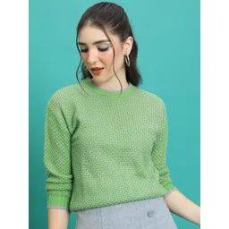 Tokyo Talkies Green Open Knit Two Tone Waffle Knit Self Design Acrylic Pullover Sweater-picture-10