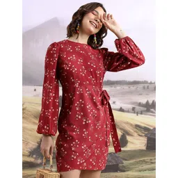 Tokyo Talkies Maroon & White Floral Printed Puff Sleeve Sheath Dress-picture-21