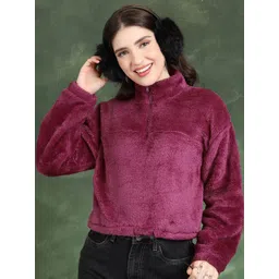 Tokyo Talkies Maroon Mock Collar Drop-Shoulder Sleeves Crop Pullover Sweatshirt-picture-31