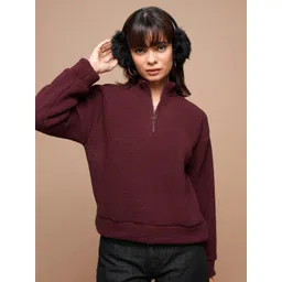 Tokyo Talkies Maroon Mock Collar Long Sleeve Zip Detail Pullover Sweatshirt-picture-17