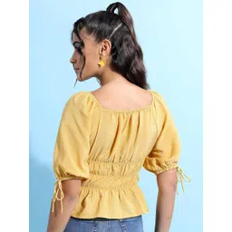Tokyo Talkies Mustard Yellow Puff Sleeves Smocked Cinched Waist Top image 5