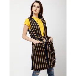 Tokyo Talkies Navy Blue & Yellow Striped Open Front Shrug-picture-24
