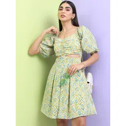 Tokyo Talkies Off White Abstract Printed Puff Sleeves Cut-Out Detailed Fit & Flare Dress-picture-31