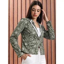 Tokyo Talkies Olive Green Floral Printed Shawl Collar Single-Breasted Blazer-picture-40