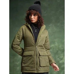 Tokyo Talkies Olive Green Hooded Longline Padded Jacket-picture-11