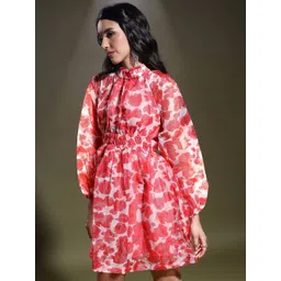 Tokyo Talkies Pink Floral Printed High Neck Puff Sleeves Fit & Flare Dress-picture-19