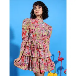 Tokyo Talkies Pink Floral Printed High Neck Puff Sleeves Layered Fit & Flare Dress-picture-23
