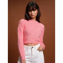 Tokyo Talkies Pink Self Design Acrylic Crop Pullover-picture-38