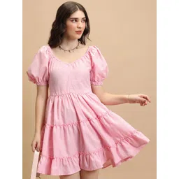 Tokyo Talkies Pink V-Neck Puff Sleeves Smocked Tiered Fit & Flare Dress-picture-26