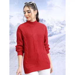 Tokyo Talkies Red Relaxed Fit Cable Knit Turtle Neck Acrylic Pullover-picture-25