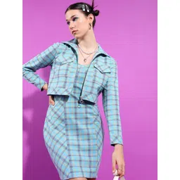 Tokyo Talkies Shoulder Straps Checked Sheath Mini Dress With Jacket-picture-36
