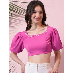 Tokyo Talkies Square Neck Puffed Sleeve Embellished Fitted Crop Top-picture-29