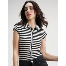 Tokyo Talkies Striped Monochrome Ribbed Shirt Collar Bodysuit-picture-37